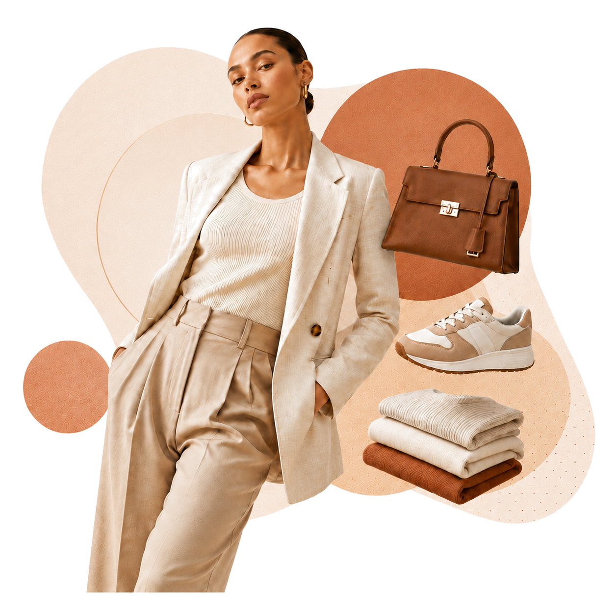 Woman in a cream suit with coordinated bag, sneaker and folded knitwear